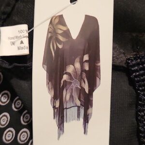 NWT Cruise Club sheer black floral poncho/cover-up with fringe One Size